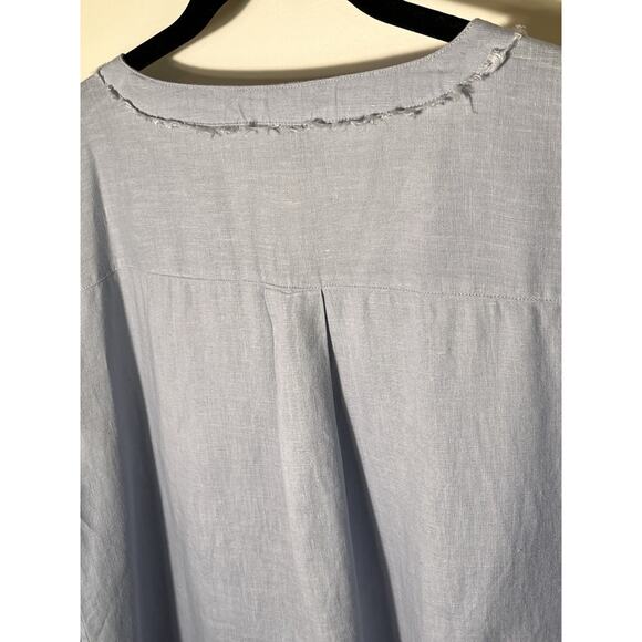 Ellen Tracy Linen Top XL Blue Zip Neck Roll Tab Sleeve 100%‎ Linen Tunic Blouse - Picture 6 of 13